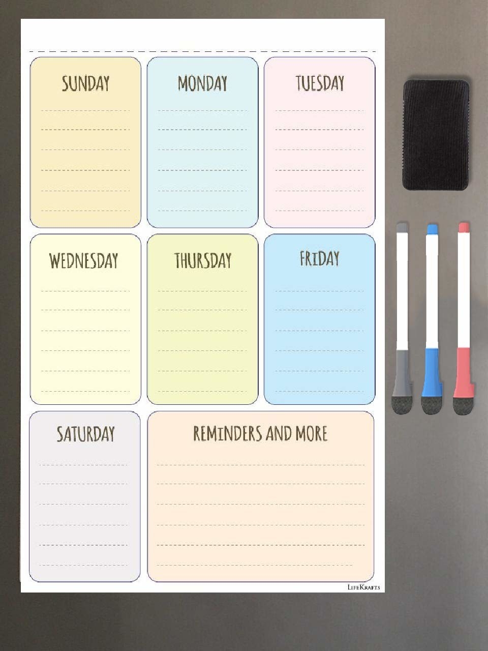 A weekly planner on a fridge