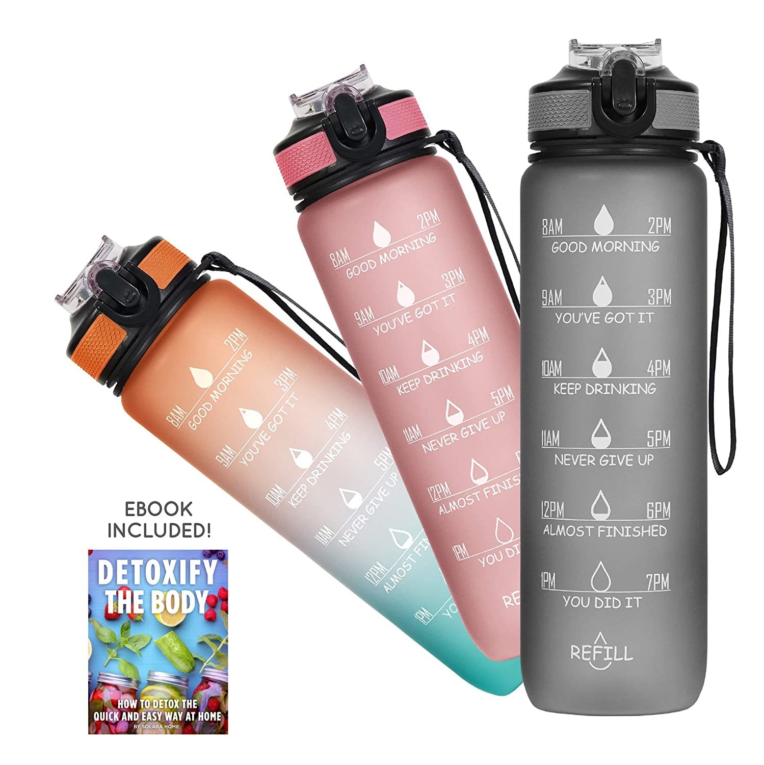 A time marked water bottle in 3 colours