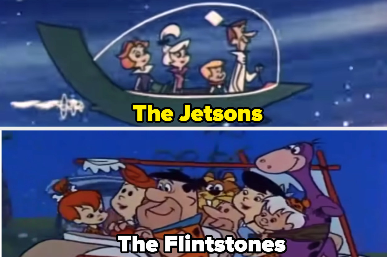 The Jetson family flying to work in &quot;The Jetsons&quot; and The Flintstone family driving to a drive-in movie in &quot;The Flintstones&quot;