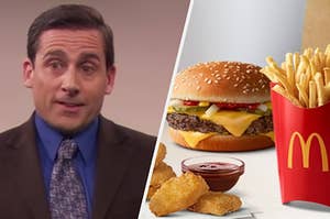 Michael Scott is on the left with a layout of McDonald's food on the right