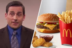 Michael Scott is on the left with a layout of McDonald's food on the right