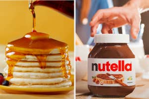 A stack of pancakes is on the left with a man grabbing a jar of Nutella on the right