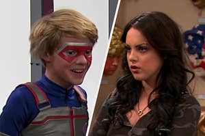 Henry Danger is on the left looking happy with a woman on the right folding her arms