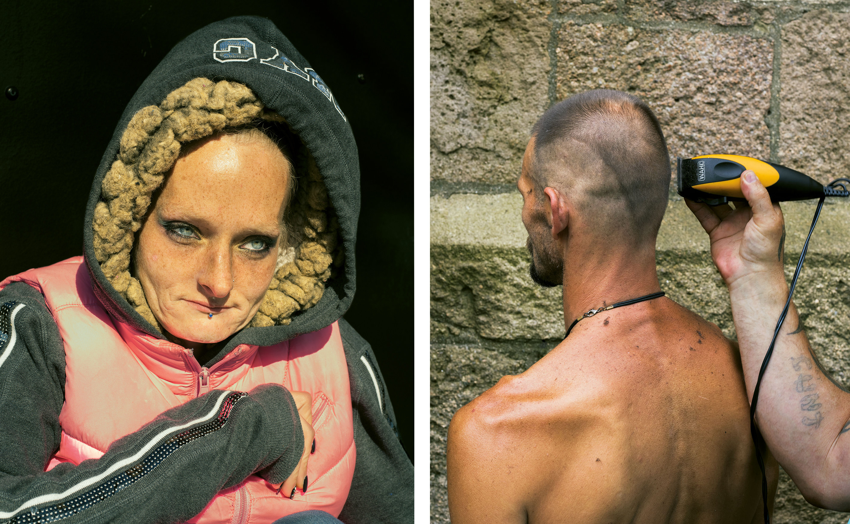 A woman in a hoodie and a man getting his head shaved