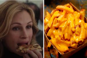A woman is on the left biting into a slice of pizza with cheese fries on the right