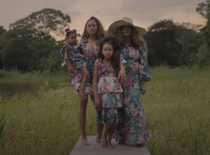 Beyoncé, Blue Ivy, Tina Lawson, and Rumi in matching dresses in a still from the Brown Skin Girl music video