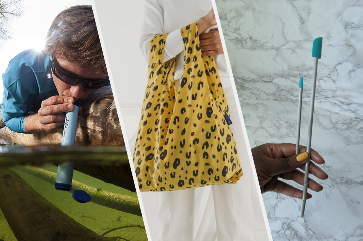 A person drink from a stream with a thick water-filtering straw, A person holding a large shopping bag from their arm, A person's hand with two small spatulas