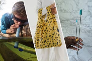 A person drink from a stream with a thick water-filtering straw, A person holding a large shopping bag from their arm, A person's hand with two small spatulas