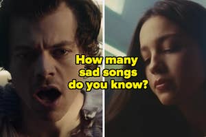 Harry Styles is on the left with his mouth wide open and Olivia Rodrigo on the right labeled, "How many sad songs do you know?"