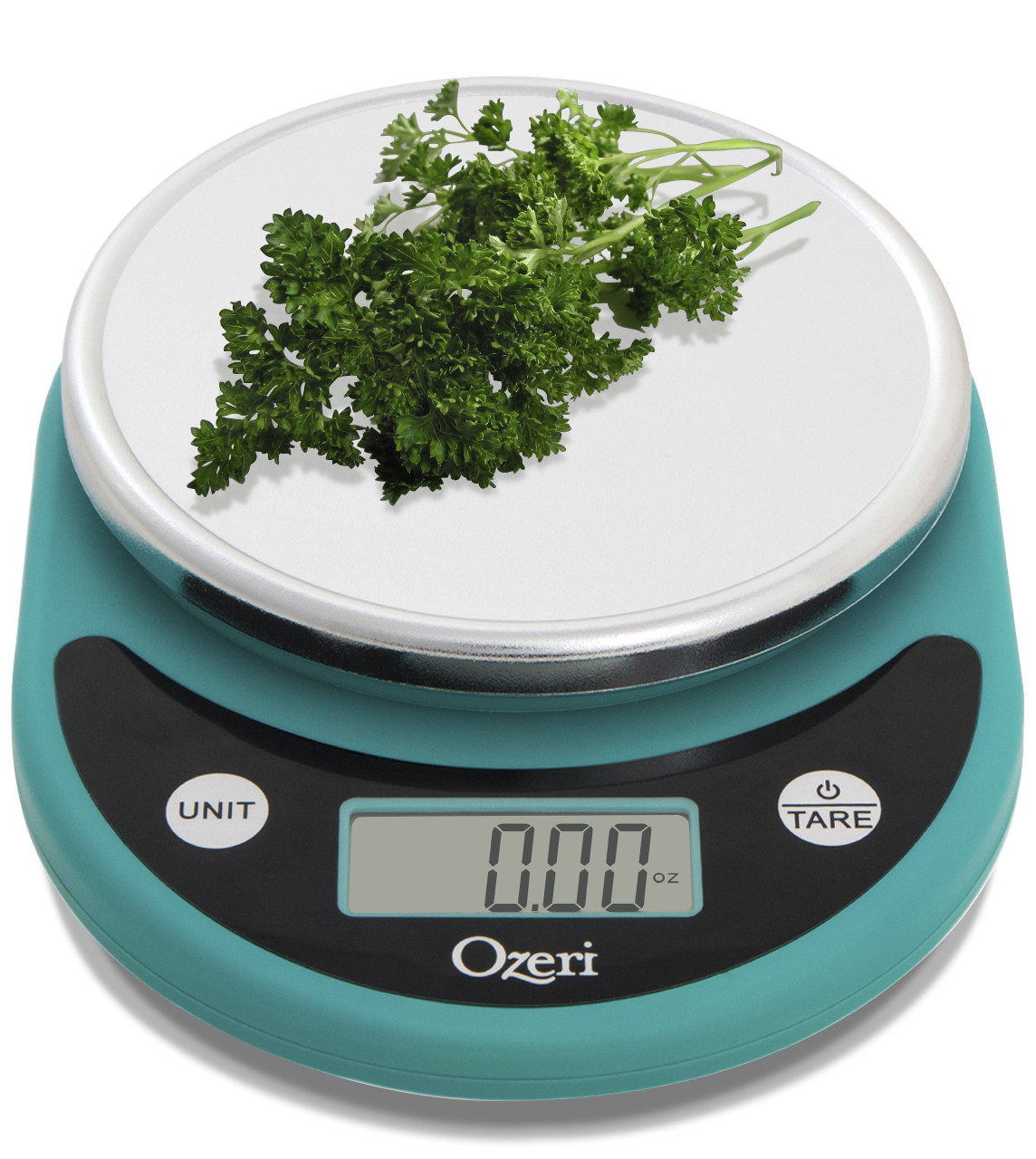 a teal digital food scale measuring fresh herbs