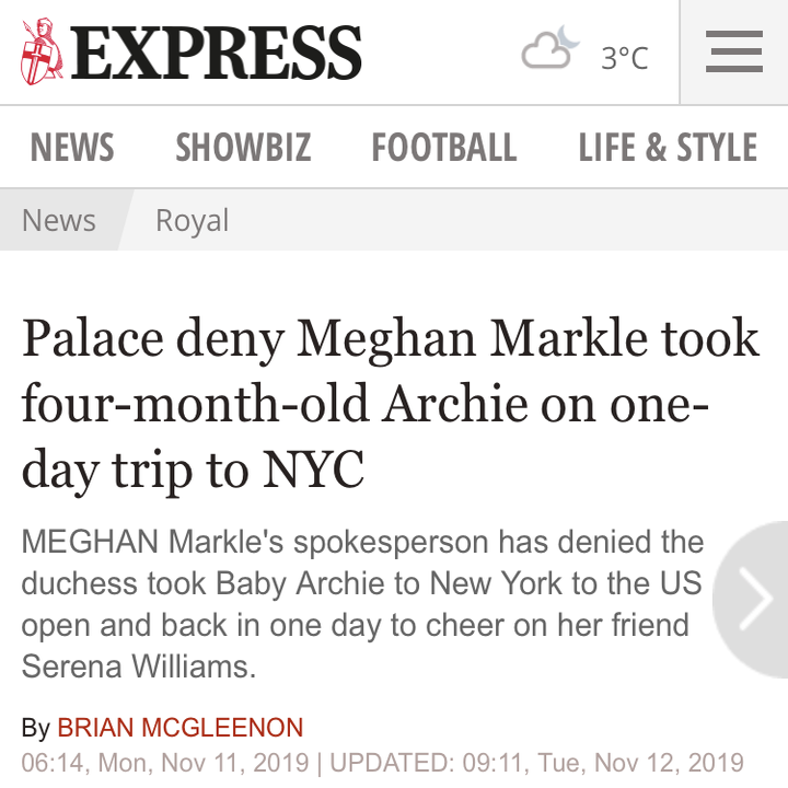 Palace deny Meghan Markle took four-month-old Archie on one-day trip to NYC / Meghan Markle's spokesperson has denied the duchess took Baby Archie to New York to the US open and back in one day to cheer on her friend Serena Williams.