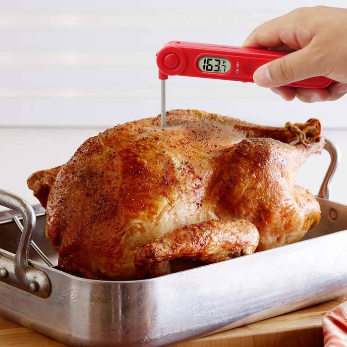 someone using the red thermometer to check the temp of a chicken