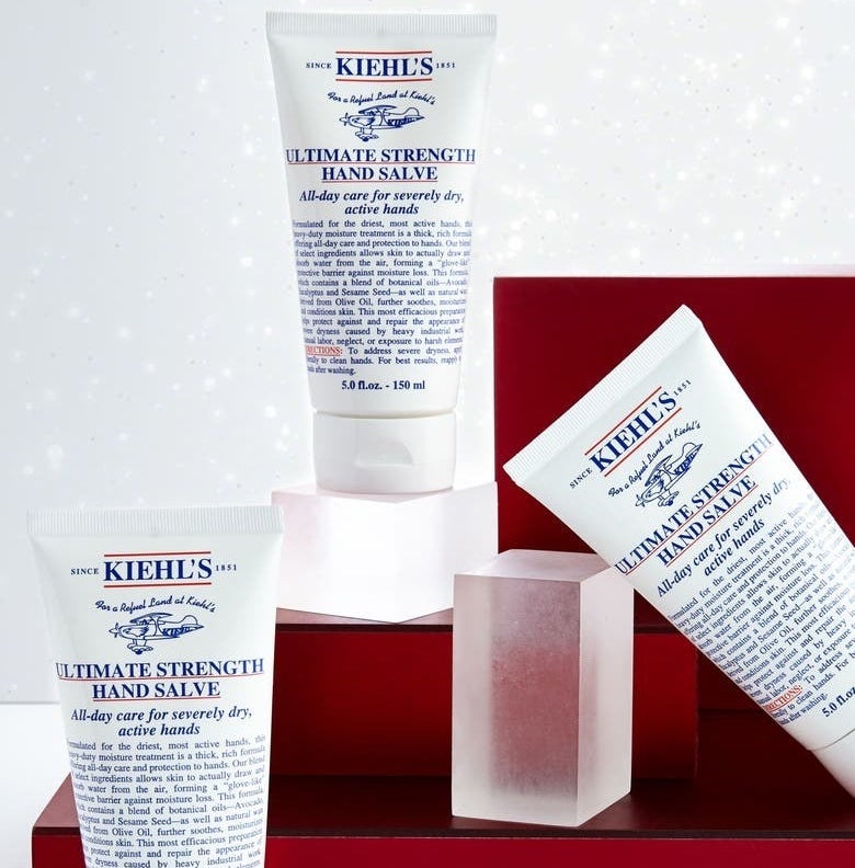 Kiehl&#x27;s salve in a white bottle with blue and red details