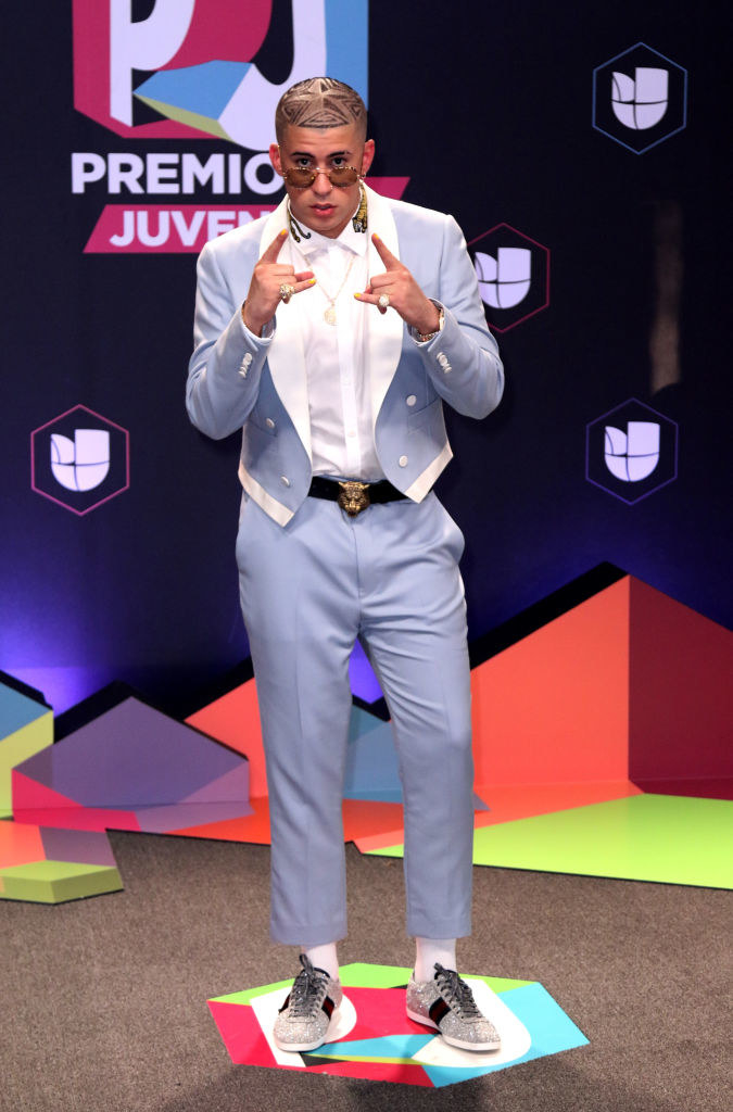 Bad Bunny attends Univision&#x27;s &quot;Premios Juventud&quot; event in 2017 with a blue suit