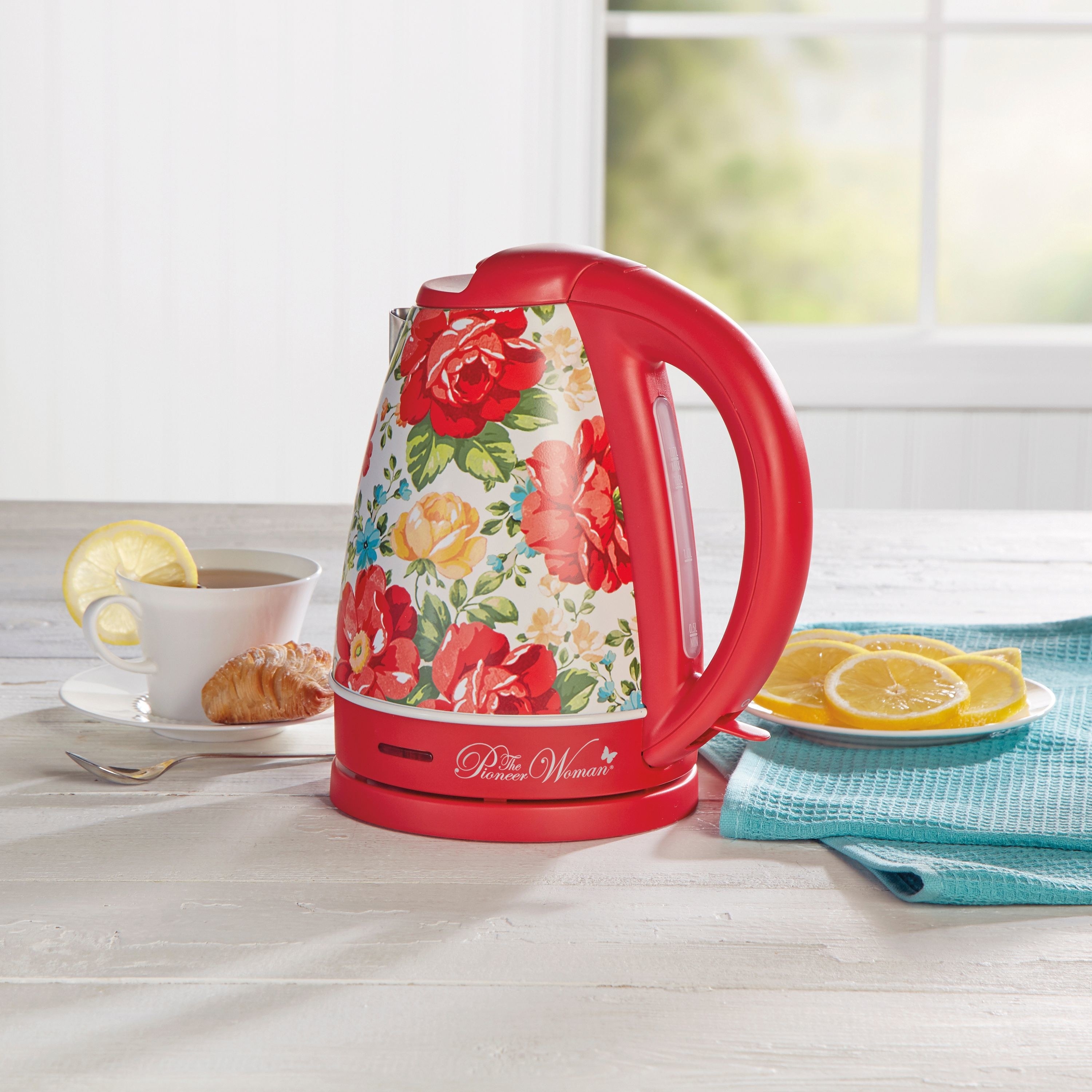 a red floral print electric kettle 
