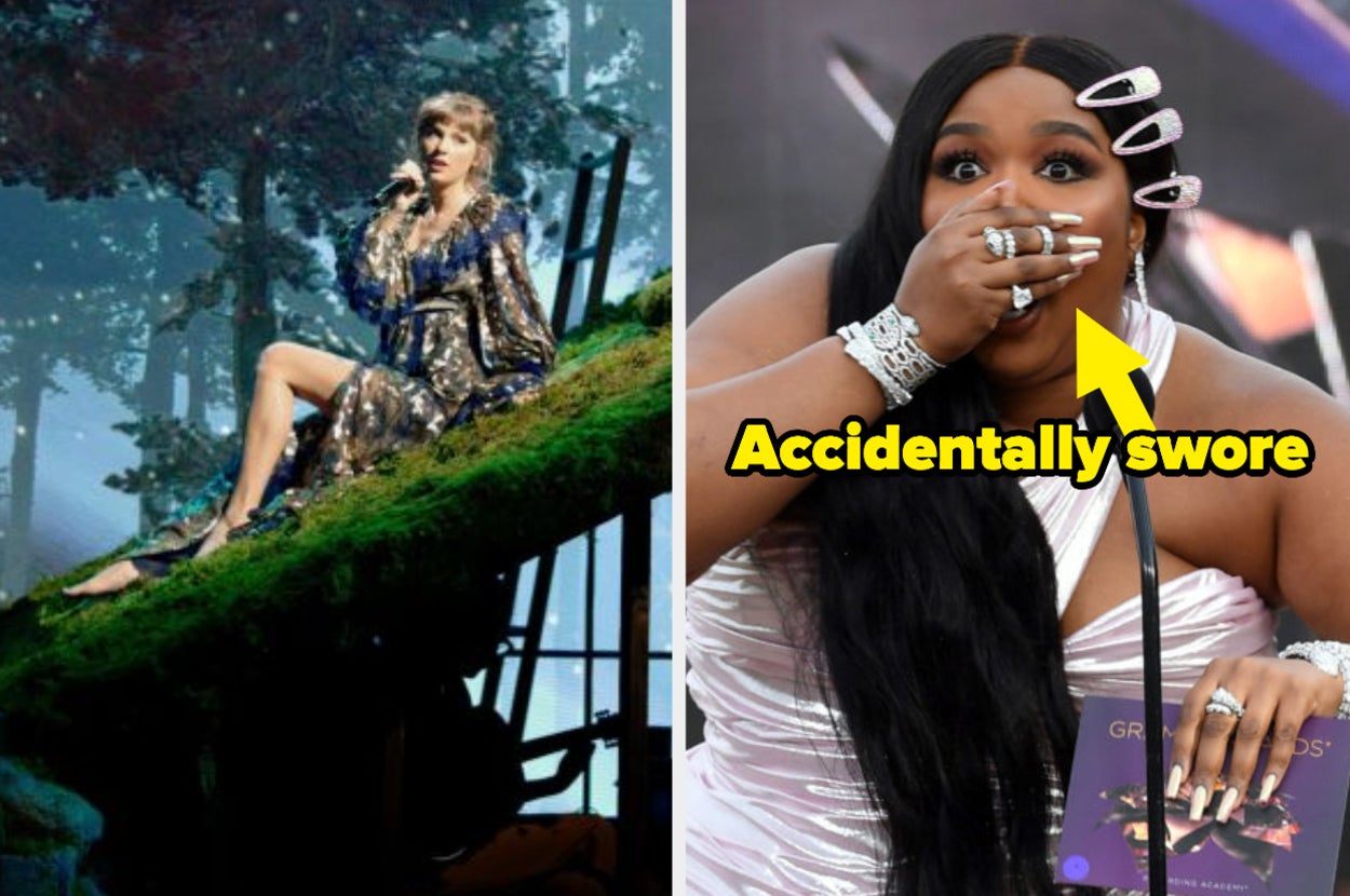 Taylor Swift performing on top of a cabin and Lizzo looking shocked after she swore