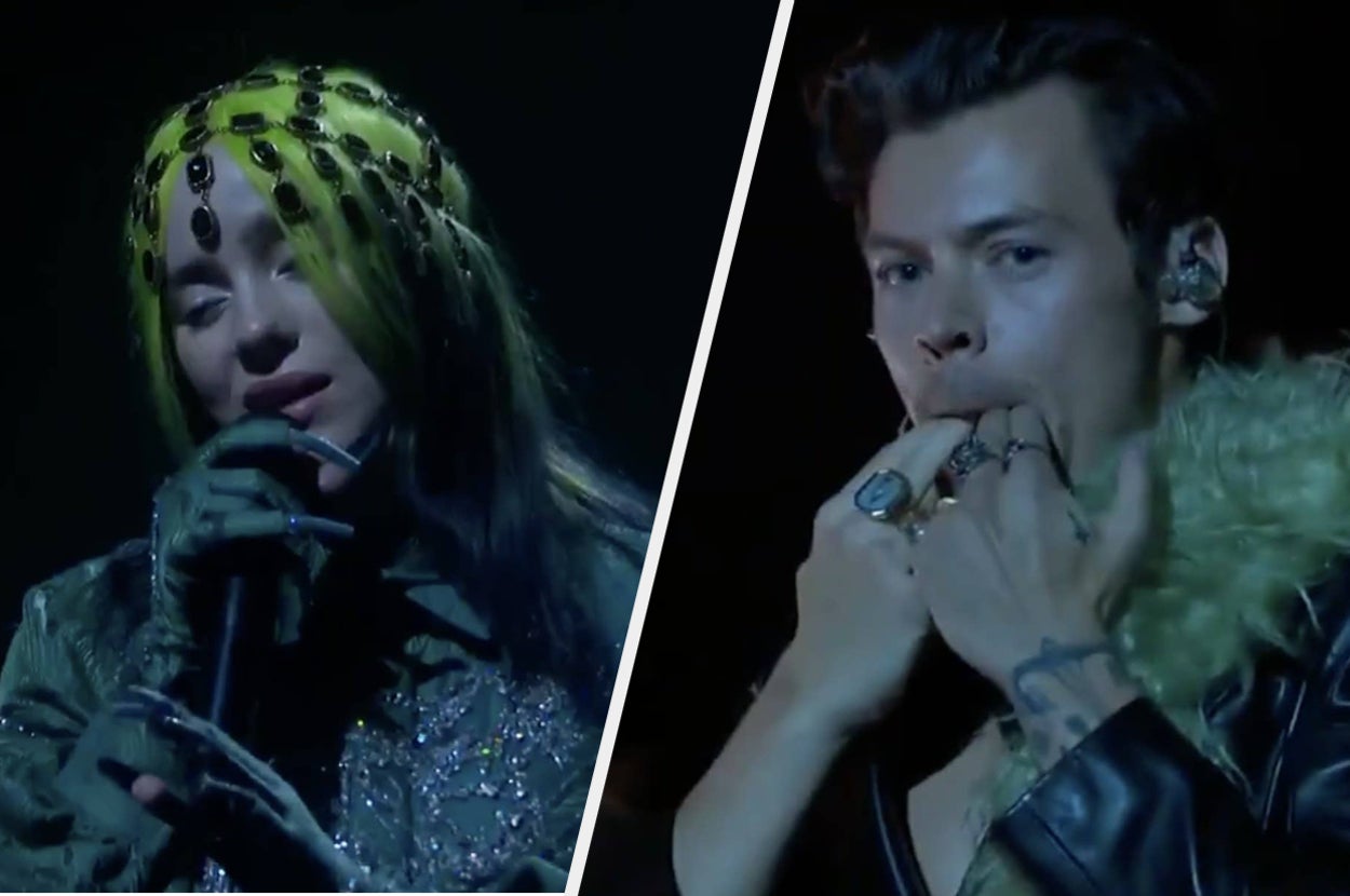 Billie wears a sparkling green jacket and jeweled head piece