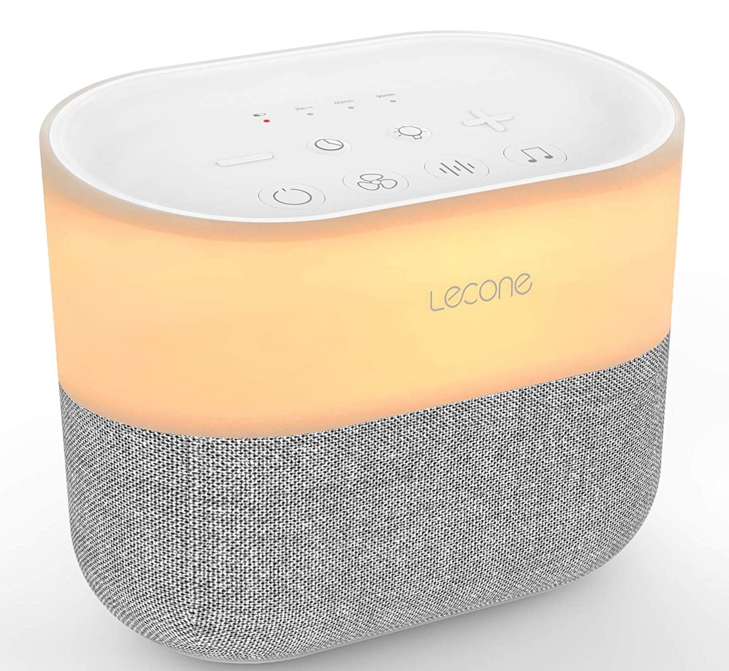 A white noise machine in grey, yellow, and white.