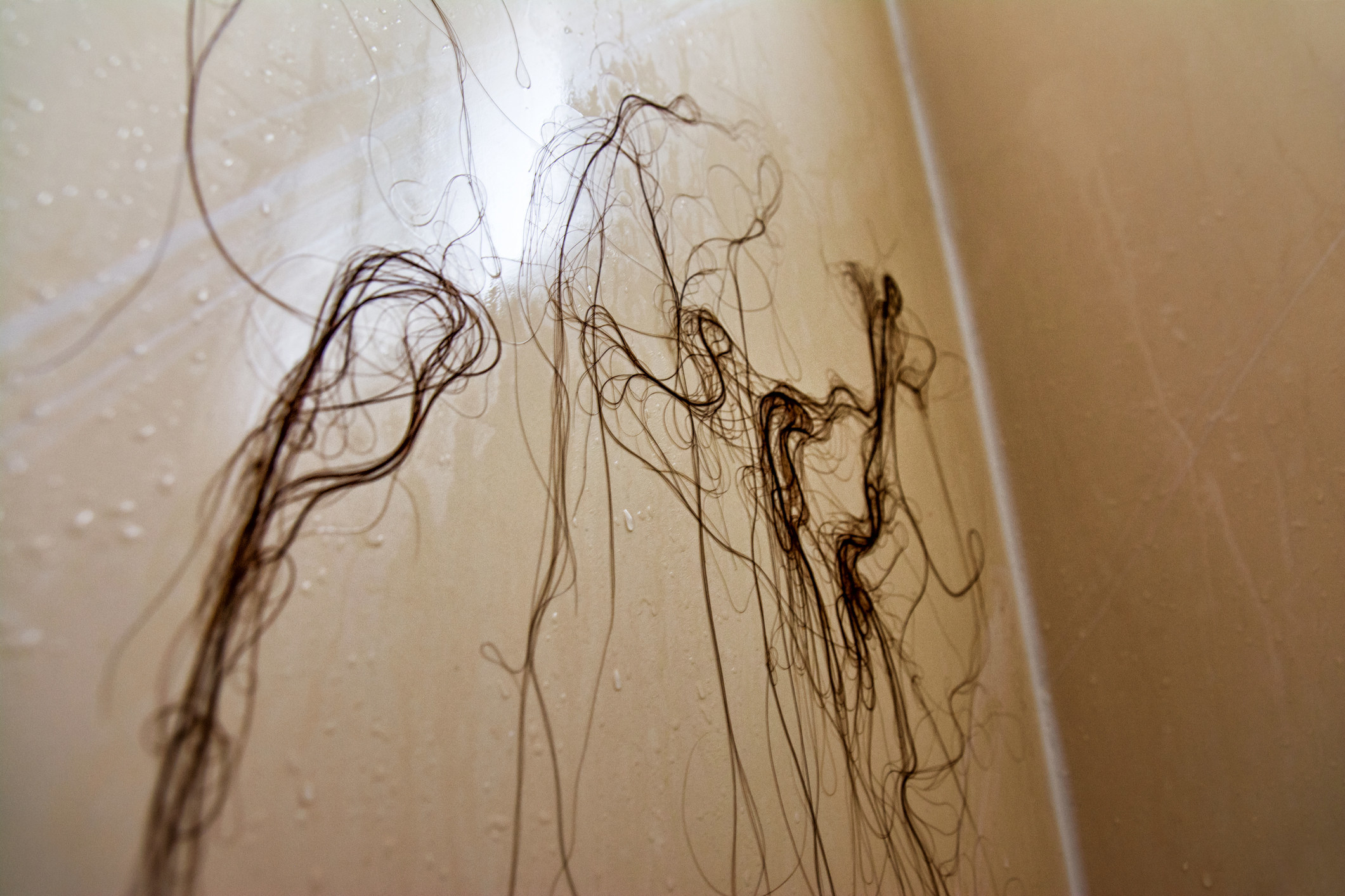 hair stuck to a shower wall
