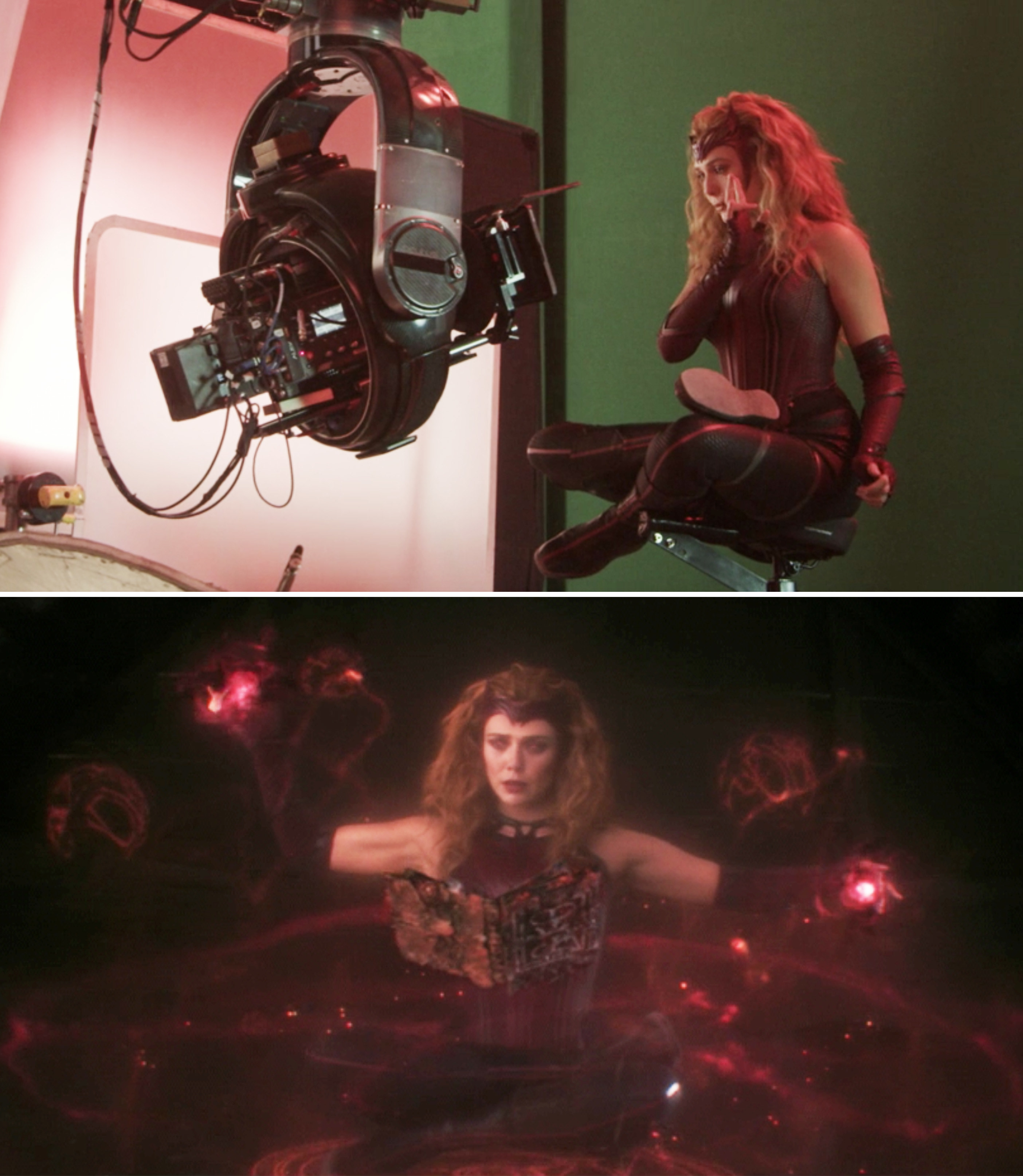 Elizabeth Olsen on a green screen vs the final shot with visual effects