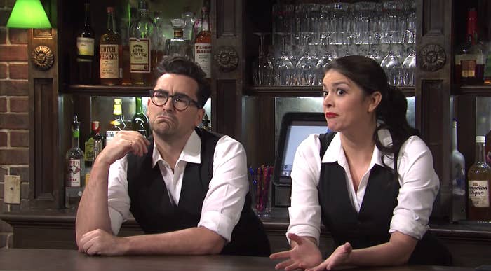 Dan Levy and Cecily Strong as bartenders in an SNL skit