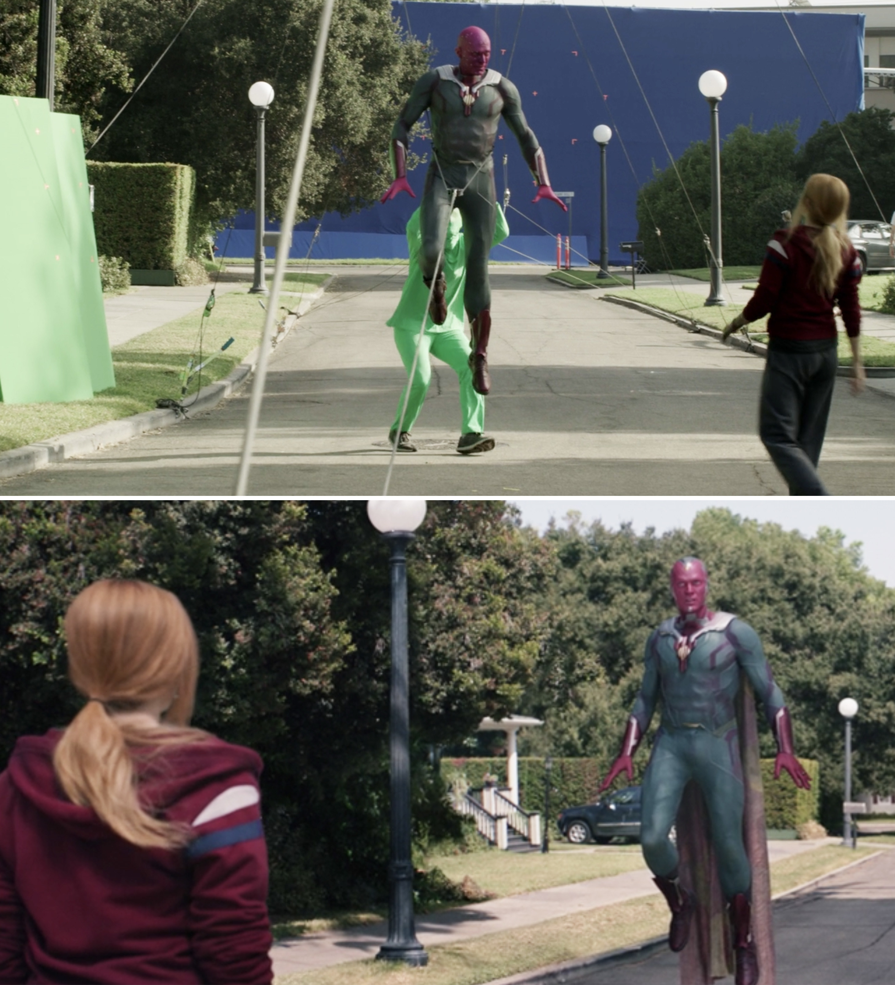Vision hovering and talking to Wanda before and after visual effects 