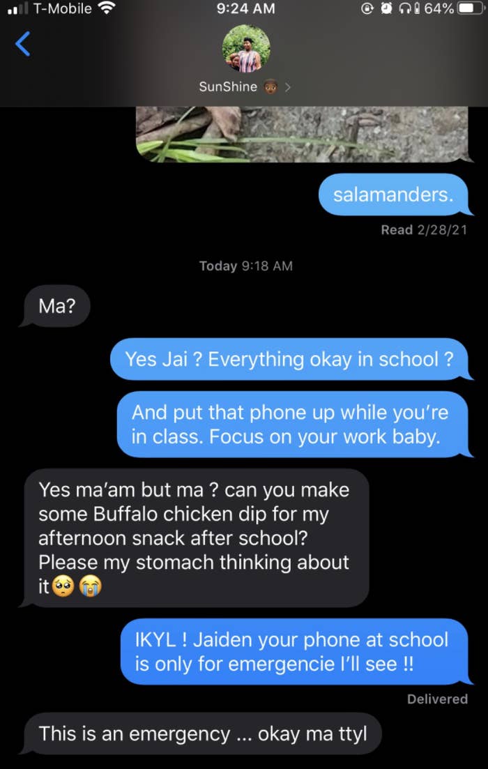 Son asks for buffalo dip as an emergency 