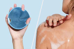 hand holding a Boie body scrubber in blue next to a model using a Boie body scrubber in red