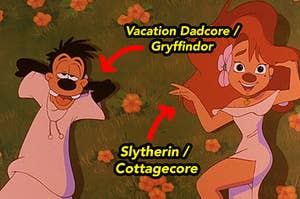 Max and Roxanne from a goofy movie with vacation dadcore / gryffindor next to max and slytherin / cottagecore next to roxanne