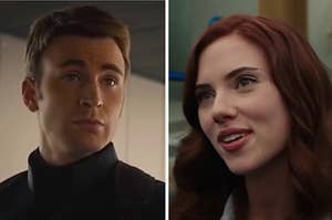 Steve Rogers is on the left looking concerned with Natasha Romanoff on the right in mid speech