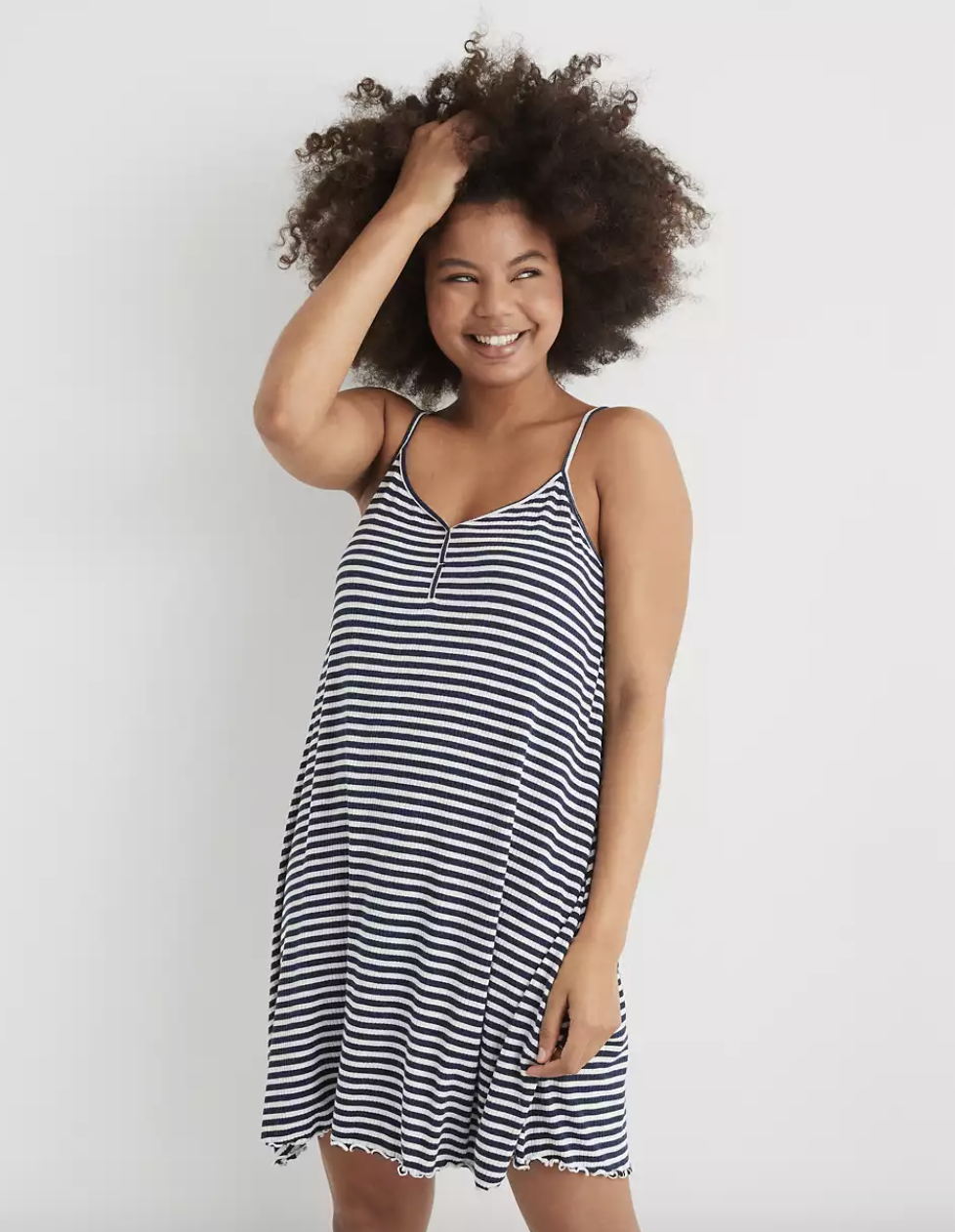 model wearing the black and white striped nightie 