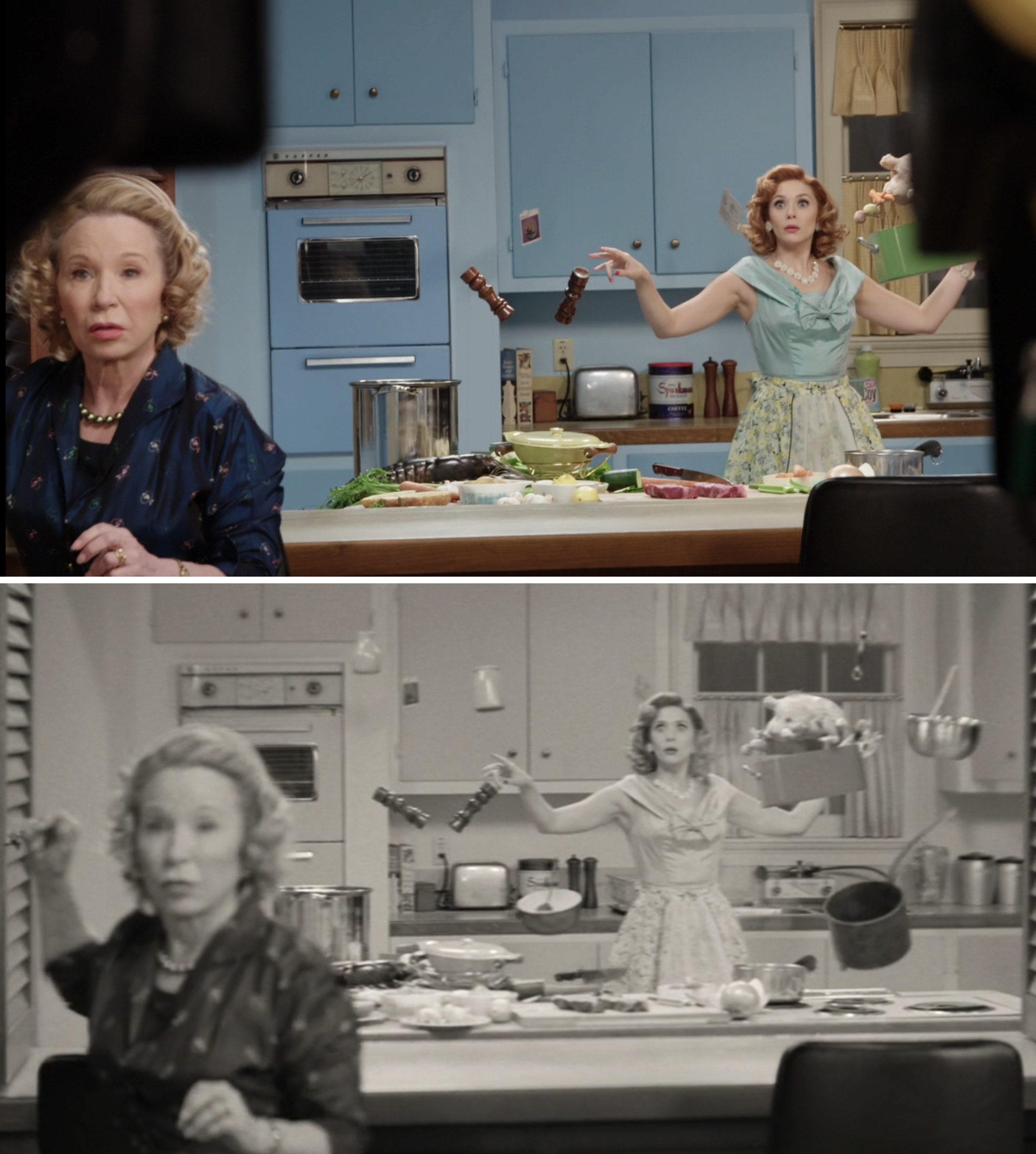 Elizabeth Olsen and Debra Jo Rupp filming a scene when Wanda has floating objects in the kitchen