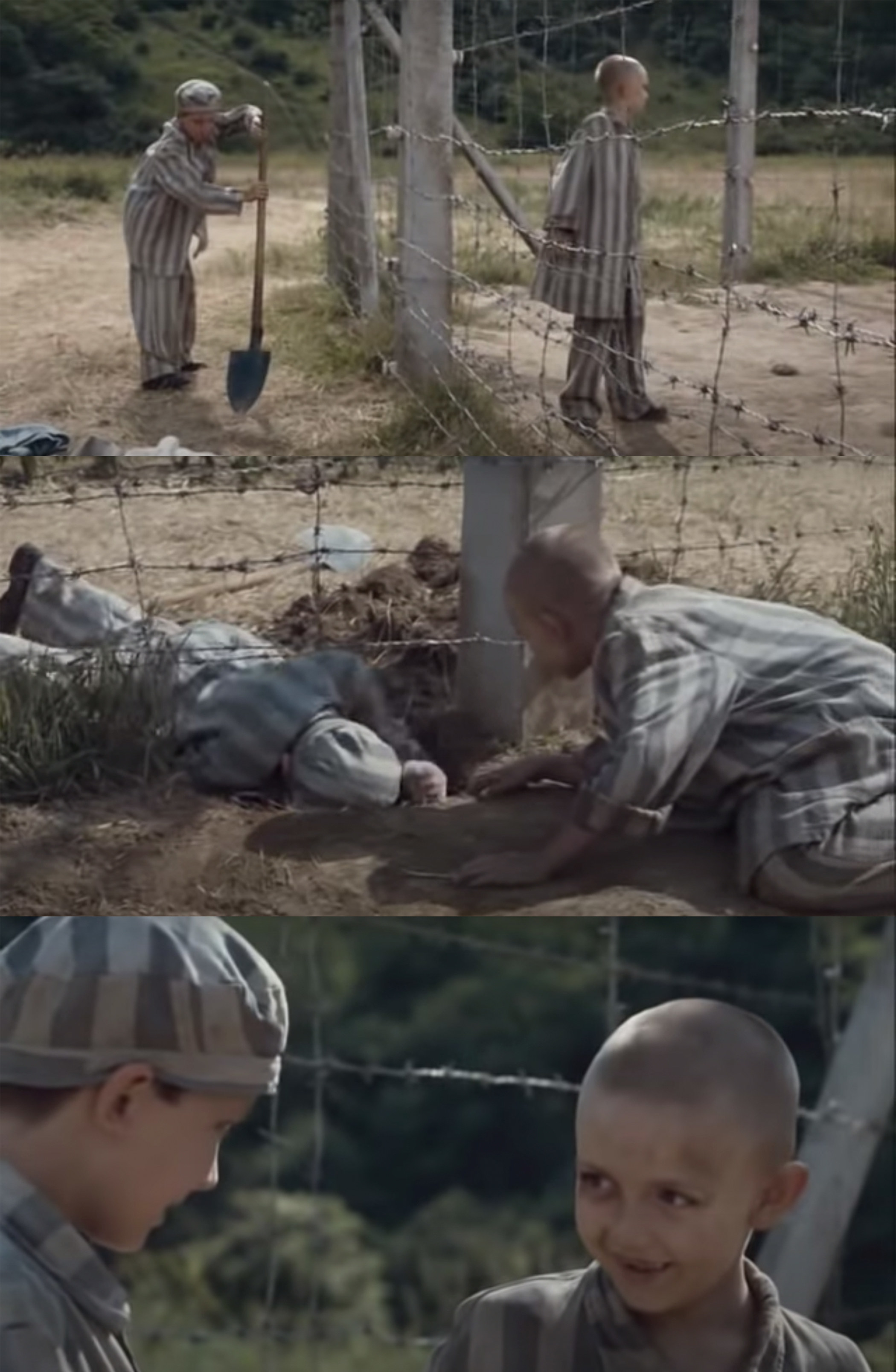 Disguising himself in striped pajamas, Asa crawls under the fence to be with Shmuel