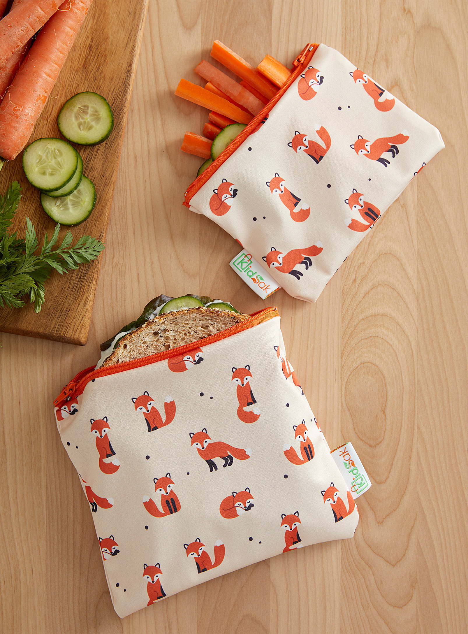 Two fox-pattern snack bags of different sizes 