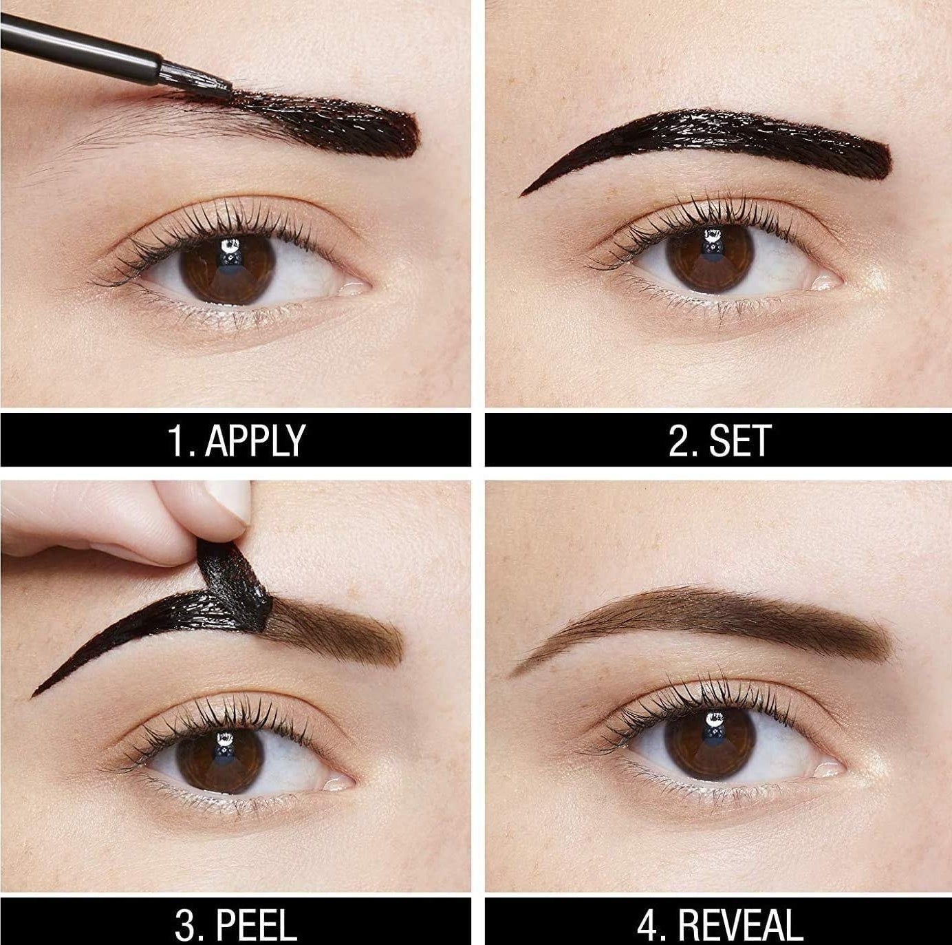 the four steps for using the brow tattoo, apply, set, peel, and reveal