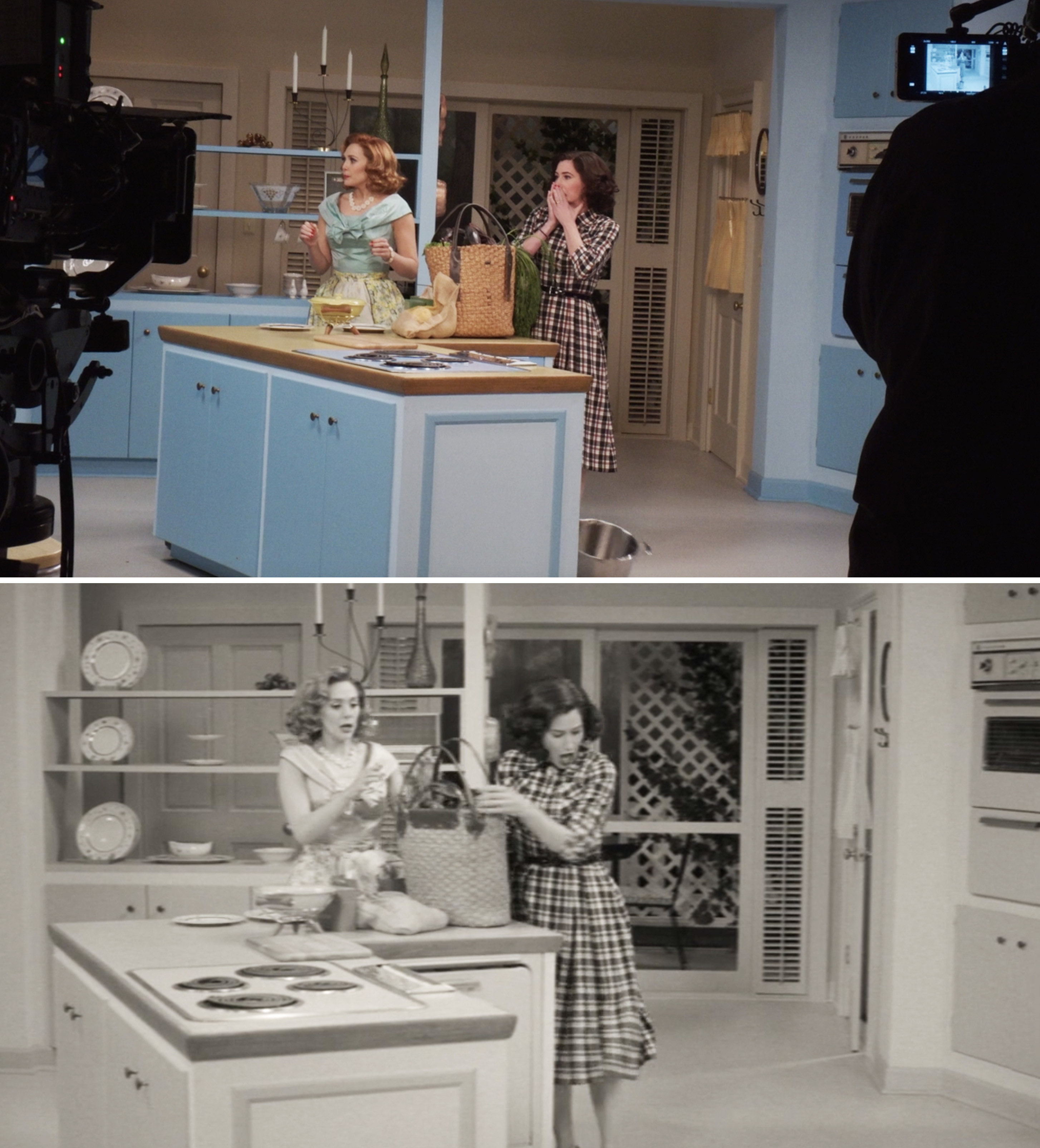 Elizabeth Olsen and Kathryn Hahn filming in Wanda and Vision&#x27;s kitchen in Episode 1