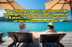 A happy couple holding hands, sitting near a beach with text reading, "On my honeymoon, I ran into my high school girlfriend, who I hadn't spoken to  in 8 years...It turned out she was there  on her honeymoon, as well!"