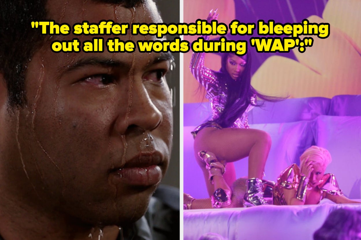 Jordan Peele sweating side by side with Megan Thee Stallion and Cardi B performing WAP with tex reading: "The staffer responsible for bleeping out all the words during 'WAP'"