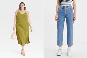 model in a green slip dress and model in high-waisted jeans