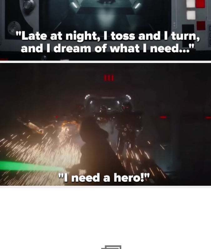 as Luke enters, the song says &quot;Late at night, I toss and I turn, and I dream of what I need...&quot; then jumps into &quot;I need a hero!&quot; as he starts destroying the droids