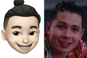 A man with a bun memoji is on the left with on the right smiling in a floral top