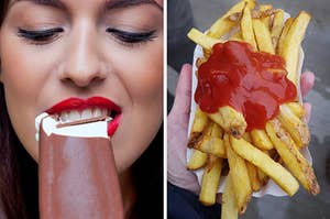 On the left, someone biting a chocolate ice cream bar, and on the right, a container of fries topped with ketchup