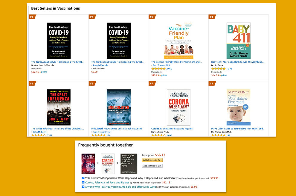 Screengrabs of the list of bestselling books on Amazon show titles like &quot;The Truth About COVID-19&quot; and &quot;Corona False Alarm?&quot;