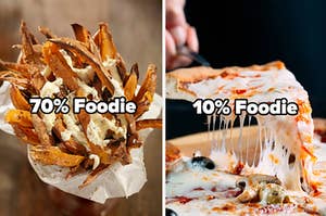Fries with the words "70% foodie" and pizza with the words "10% foodie" 