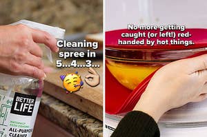 image on the left is a hand spraying an all-purpose cleaner and the one on the right is hands using a silicone mat to grab something hot from the microwave