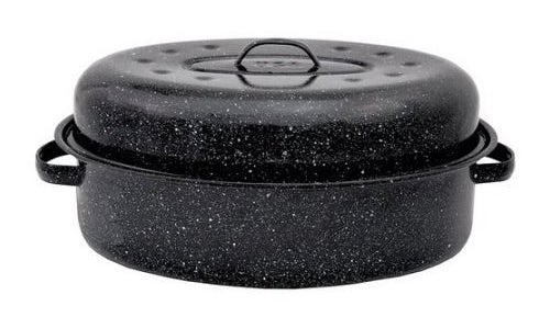 a black speckled oval roaster pan