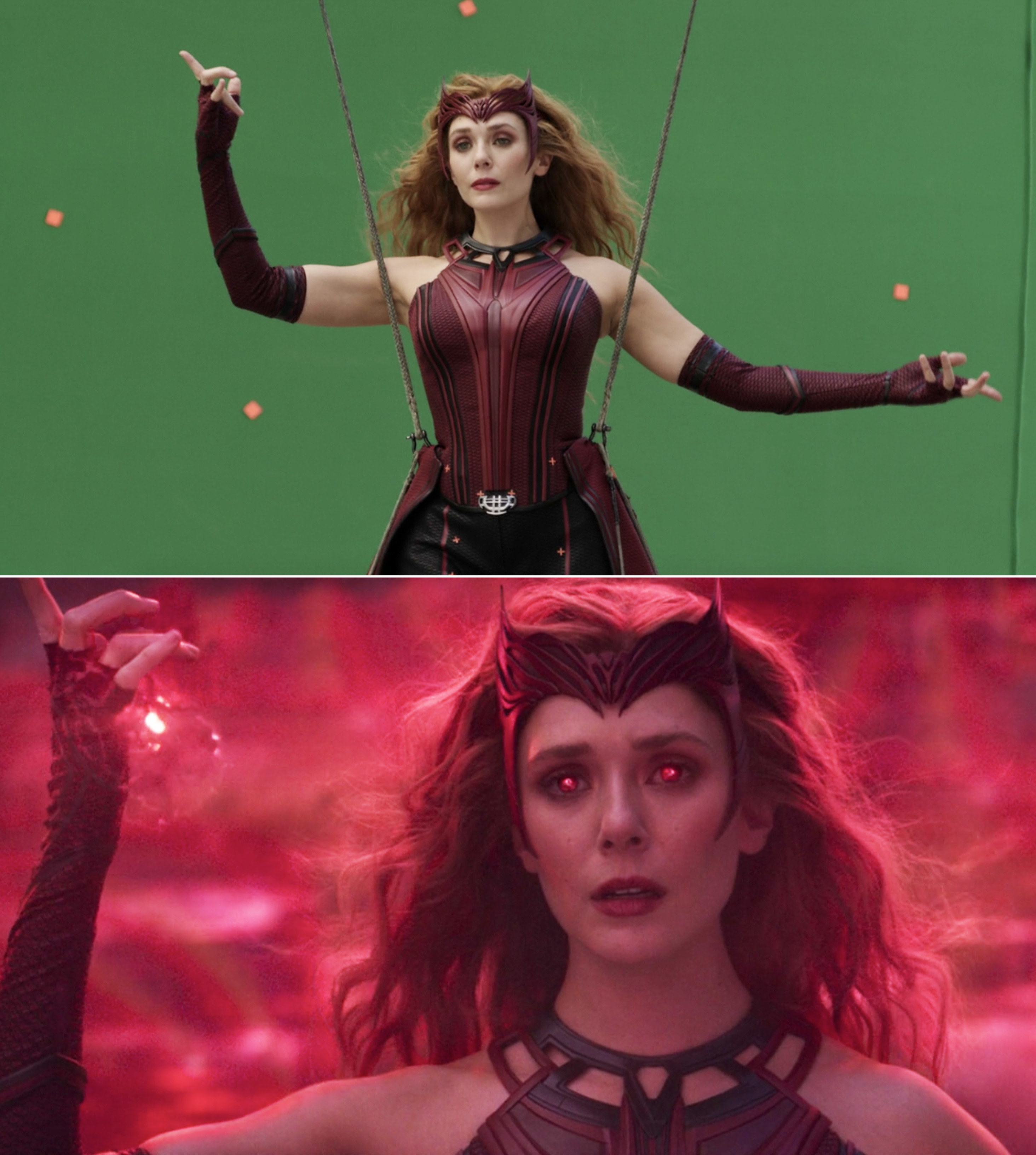 Elizabeth Olsen on a green screen vs the final shot with visual effects