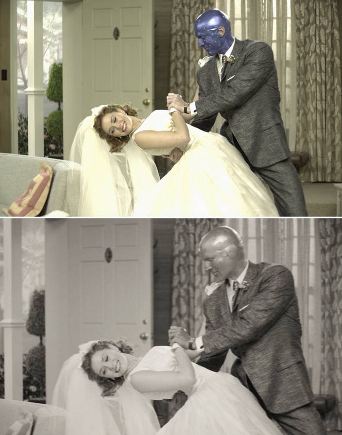 Paul Bettany painted blue while Vision dips Wanda in her wedding dress