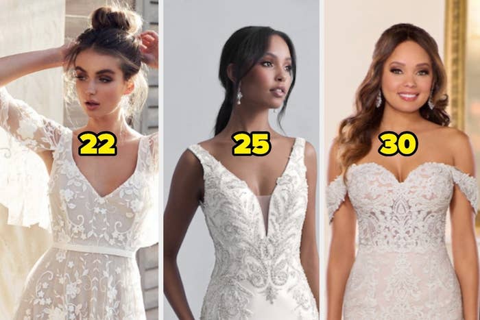 Lacey wedding with the number 22, low-cut embellished wedding dress with the number 25, and a lacey wedding dress with small straps and the number 30 