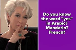 Meryl Streep as Miranda Priestly in the movie "The Devil Wears Prada" and the question "do you know the 'yes' in Arabic? Mandarin? French?"
